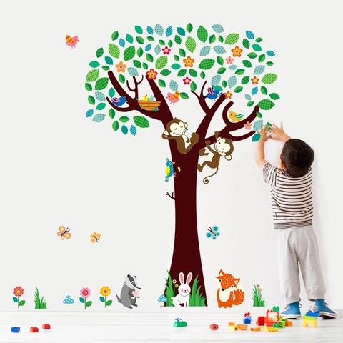 Vinilos Decorativos De Árbol Mono Bosque Animados Para Habitación Niños PVC Animal Pájaro Zorro Calcomanía Pared Hogar