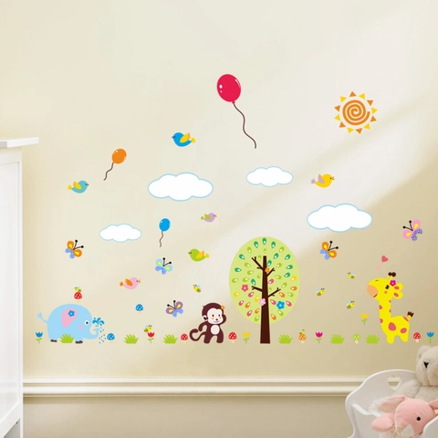 3D Cartoon Affe Giraffe Elefant Wandaufkleber Für Kinderzimmer Kindergarten Abnehmbar DIY PVC Tier Wald Wandtattoos Wandbild