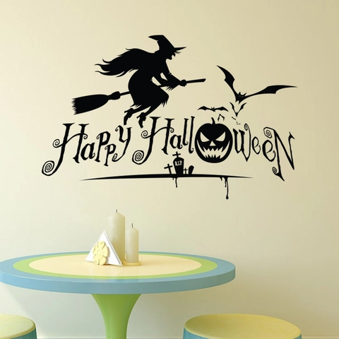 Halloween Witch Riding Broom Wall Sticker Black Vinyl Bats Pumpkin Silhouette Decal Happy Halloween Home Decor