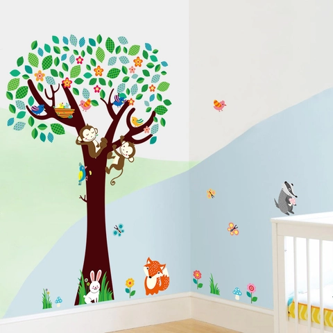 Vinilos Decorativos De Árbol Mono Bosque Animados Para Habitación Niños PVC Animal Pájaro Zorro Calcomanía Pared Hogar