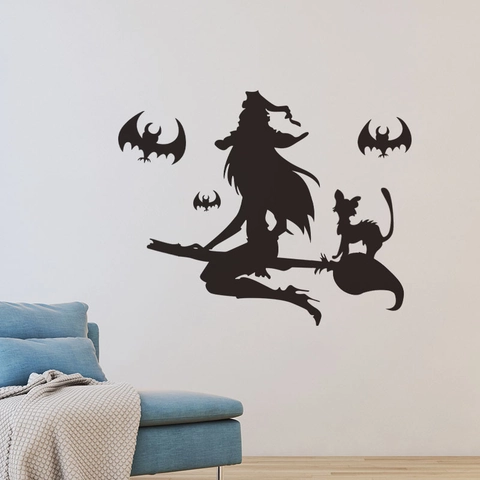 Halloween Hexe Fliegt Auf Besen Silhouette Wandaufkleber Abnehmbare PVC Katze Fledermäuse Dekor Für Fenster Wohnzimmer Haus