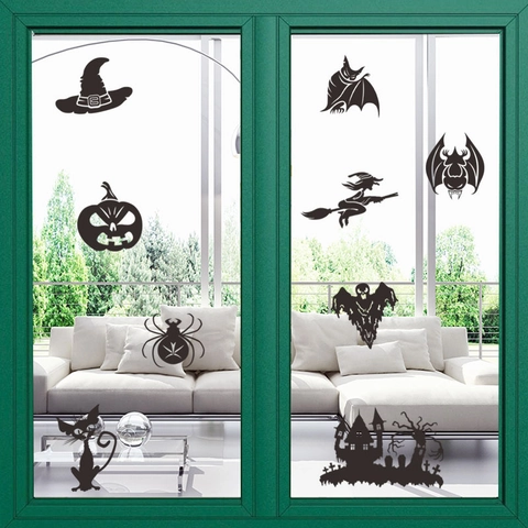 Adesivo da Parete Silhouette Halloween PVC Autoadesivo Zucca Strega Pipistrello Fantasma Vetro Finestra Soggiorno Camera Decor FX3035