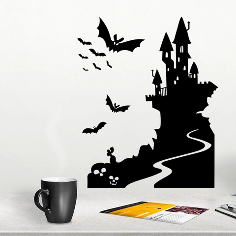 Halloween Fledermaus Gotisches Schloss Wandsticker Abnehmbar Schwarz PVC Silhouette Aufkleber Für Wohnzimmer Halloween Party Deko