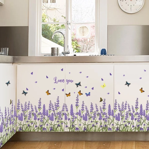 Pegatinas de Pared de Lavanda y Mariposa Calcomanías Florales Púrpuras Románticas Con Frase Love You para Dormitorio Cocina Hogar