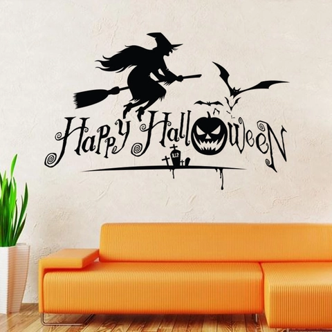 Halloween Witch Riding Broom Wall Sticker Black Vinyl Bats Pumpkin Silhouette Decal Happy Halloween Home Decor