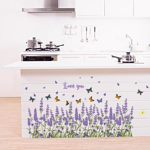 Pegatinas de Pared de Lavanda y Mariposa Calcomanías Florales Púrpuras Románticas Con Frase Love You para Dormitorio Cocina Hogar