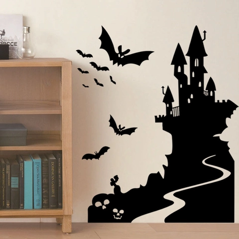 Halloween Fledermaus Gotisches Schloss Wandsticker Abnehmbar Schwarz PVC Silhouette Aufkleber Für Wohnzimmer Halloween Party Deko