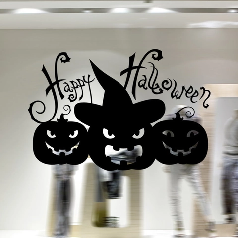 Halloween Pumpkin Witch Hat Wall Stickers Black PVC Removable Window Decals For Living Room Bedroom Glass Decor Happy Halloween