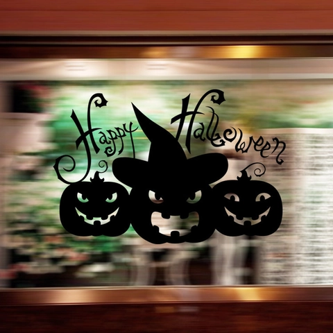 Halloween Pumpkin Witch Hat Wall Stickers Black PVC Removable Window Decals For Living Room Bedroom Glass Decor Happy Halloween