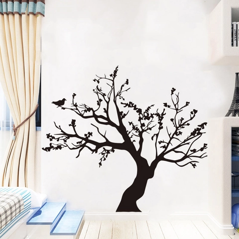 Modern Minimalistisch Schwarz Baum Silhouette Wandaufkleber Mit Vögeln Abnehmbare PVC Aufkleber Für Wohnzimmer Schlafzimmer