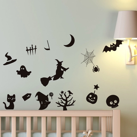 Stickers Muraux de Fenêtre d'Halloween Silhouette Noire Citrouille Sorcière Fantôme Chauve-souris Château Araignée Décalcomanies PVC Décor de Fête