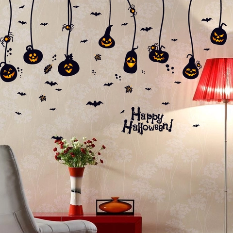 Halloween Pumpkin Lantern Wall Stickers Bat Spider Decals For Window Glass Shop Home Festive Decor PVC DIY Removable Poster