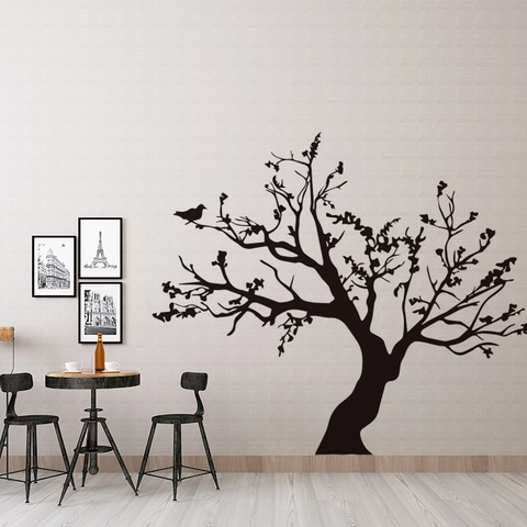 Modern Minimalistisch Schwarz Baum Silhouette Wandaufkleber Mit Vögeln Abnehmbare PVC Aufkleber Für Wohnzimmer Schlafzimmer