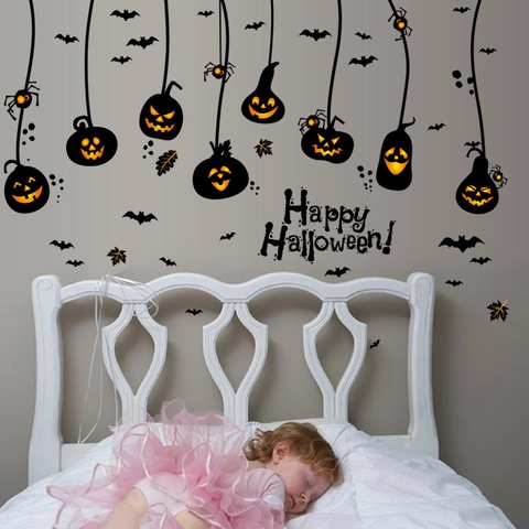 Halloween Pumpkin Lantern Wall Stickers Bat Spider Decals For Window Glass Shop Home Festive Decor PVC DIY Removable Poster