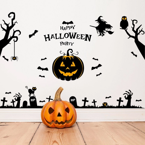 Vinilo Decorativo Halloween Calabaza Bruja Murciélago Calcomanía De PVC Removible Para Fiesta En Casa Sala De Estar Decoración
