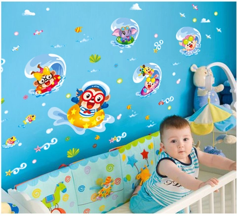 Cartoon Dieren Surfen Muurstickers Voor Kinderkamer PVC Verwijderbare Aap Olifant Leeuw DIY Muurstickers Kinderkamer Decor