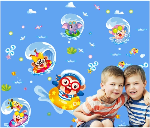 Cartoon Dieren Surfen Muurstickers Voor Kinderkamer PVC Verwijderbare Aap Olifant Leeuw DIY Muurstickers Kinderkamer Decor