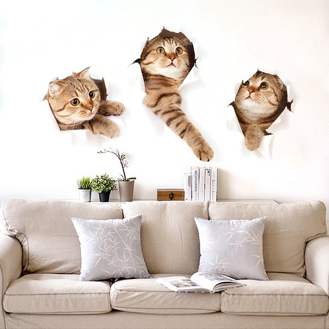 Stickers Muraux Chat 3D PVC Amovible Effet Mur Brisé Décalcomanies Chat pour Chambre d'Enfant Salon Décoration