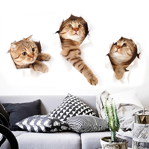 Stickers Muraux Chat 3D PVC Amovible Effet Mur Brisé Décalcomanies Chat pour Chambre d'Enfant Salon Décoration