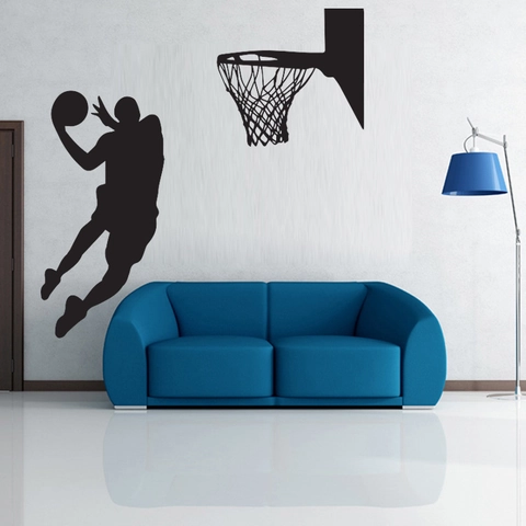 Sticker Mural Silhouette Joueur de Basketball Dunk Amovible Moderne Décalcomanie PVC Sport pour Décoration Chambre de Garçon