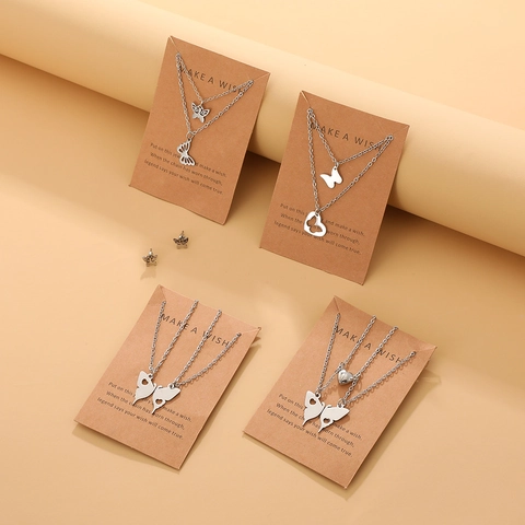 Stainless Steel Butterfly Heart Pendant Necklaces For Women Best Friends Gift Hollow Double Layer Fashion Jewelry