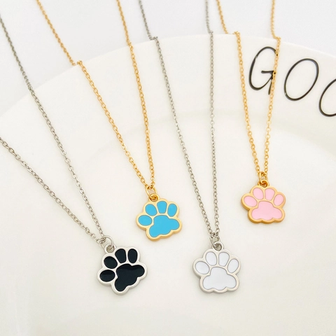 Cute Enamel Cat Paw Pendant Necklace For Women Alloy Gold Silver Plated Animal Footprint Charm Necklace Daily Jewelry Gift