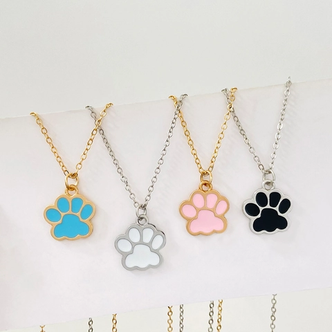 Cute Enamel Cat Paw Pendant Necklace For Women Alloy Gold Silver Plated Animal Footprint Charm Necklace Daily Jewelry Gift
