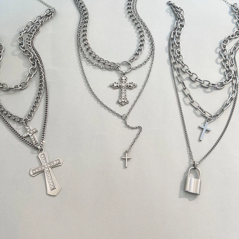 Vintage Alloy Artificial Pearl Cross Pendant Layered Necklace For Women Punk Multilayer Rhinestone Gothic Choker Jewelry Gift