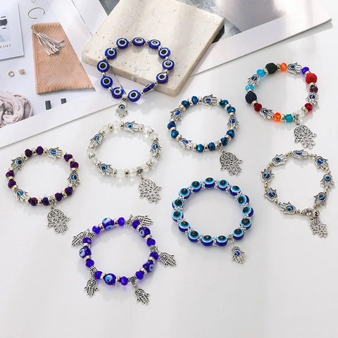 Bracelet Perlé Œil du Mal Bleu Main de Fatima pour Femme Bracelet Élastique en Résine et Verre Bijoux Amulette Porte-Bonheur