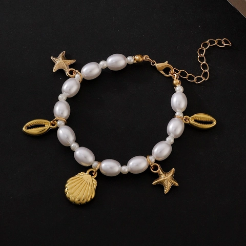 Elegant Faux Artificial Pearl Starfish Shell Bracelet Alloy Beaded Ocean Series Beach Jewelry For Women Girls Fashion Charms