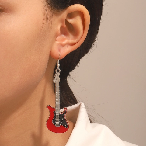 Retro Punk Electric Guitar Drop Earrings For Women Hip Hop Asymmetric Violin Music Theme Alloy Rhinestone Necklace Jewelry Gift