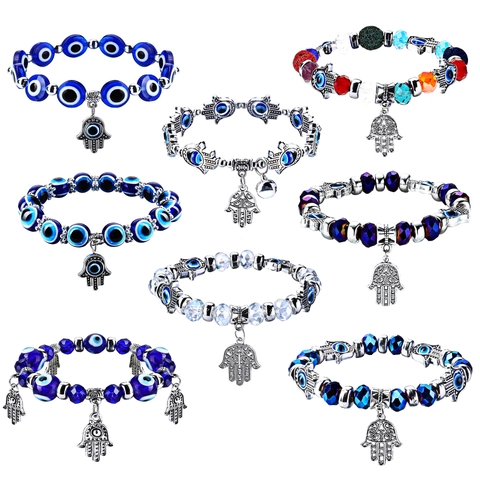 Bracelet Perlé Œil du Mal Bleu Main de Fatima pour Femme Bracelet Élastique en Résine et Verre Bijoux Amulette Porte-Bonheur