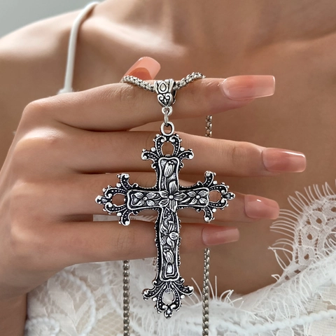 Gothic Vintage Kruis Hanger Halsketting Zinklegering Bloem Rank Gesneden Groot Crucifix Punk Hip Hop Sieraden Voor Unisex
