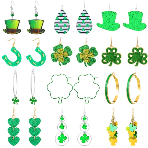 Accessoires de la Saint-Patrick Boucles d'Oreilles Trèfle Vert en Alliage pour Femmes Festives Boucles d'Oreilles Pendantes Chapeau et Fer à Cheval Bijoux en Or Argent Strass