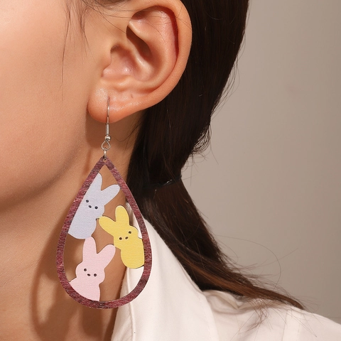 Easter Wooden Rabbit Water Drop Dangle Earrings Painted Leopard Floral Rainbow Pattern Teardrop Earrings For Women Holiday Jewelry