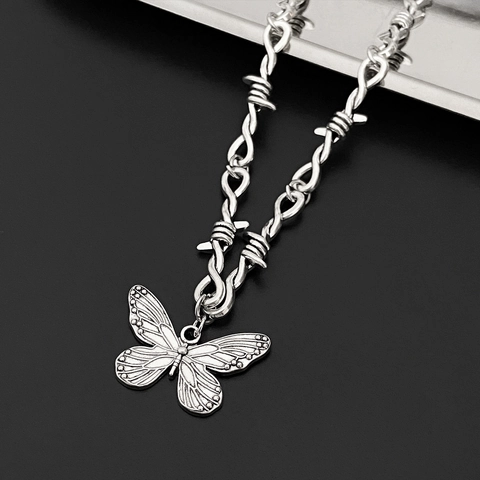 Collar de Cadena de Alambre de Púas Gótico para Mujer Aleación Plata Antigua Colgante Mariposa Cruz Joyería Punk Grunge Regalo