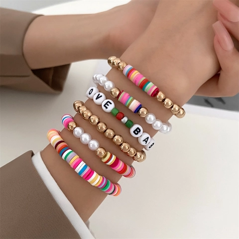 Bohemian Polymer Clay Heishi Beaded Bracelet Set For Women Letter Smiley Face Elastic Bracelet Easter Spring Jewelry Gift