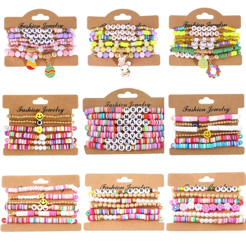 Bohemian Polymer Clay Heishi Beaded Bracelet Set For Women Letter Smiley Face Elastic Bracelet Easter Spring Jewelry Gift