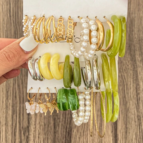 Ensemble de Boucles d'Oreilles Géométriques Vintage pour Femmes Perle Acrylique Forme C Alliage Mixte Strass Bijoux Accessoires