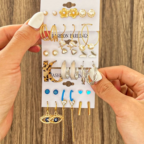 Ensemble de Boucles d'Oreilles Géométriques Vintage pour Femmes Perle Acrylique Forme C Alliage Mixte Strass Bijoux Accessoires