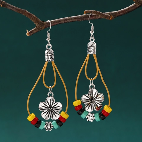 Bohemian Ethnic Dangle Earrings Vintage Alloy Flower Turquoise Beaded Retro Jewelry Gift For Women Girls