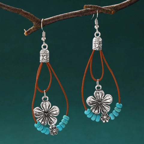 Bohemian Ethnic Dangle Earrings Vintage Alloy Flower Turquoise Beaded Retro Jewelry Gift For Women Girls