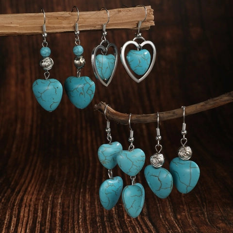 Vintage Bohemian Turquoise Earrings Ethnic Alloy Heart Flower Dangle Drop Earrings For Women Fashion Jewelry Turquoise Stone Ear Jewelry