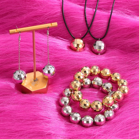 Retro Disco Ball Alloy Jewelry Set For Women Faceted Sphere Pendant Necklace Earrings Bracelet Party Fashion Accessories