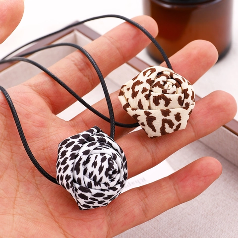 Leopard Print Fabric Rose Choker Necklace For Women Vintage Y2K Faux Artificial Pearl Flower Pendant Black Rope Tie Neck Jewelry