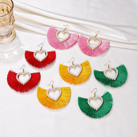 Bohemian Fan Shaped Tassel Drop Earrings For Women Gold Plated Alloy Hollow Heart Faux Artificial Pearl Dangle Earrings Ethnic Party Jewelry