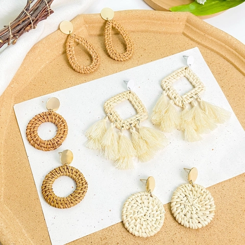 Bohemian Handwoven Wooden Geometric Drop Earrings For Women Vintage Ethnic Style Handmade Rattan Weave Beach Jewelry Gift
