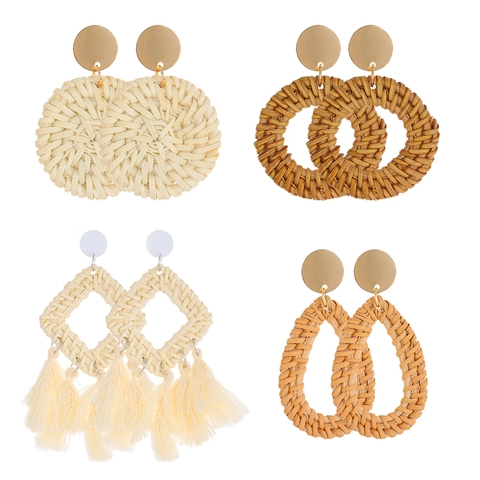 Bohemian Handwoven Wooden Geometric Drop Earrings For Women Vintage Ethnic Style Handmade Rattan Weave Beach Jewelry Gift