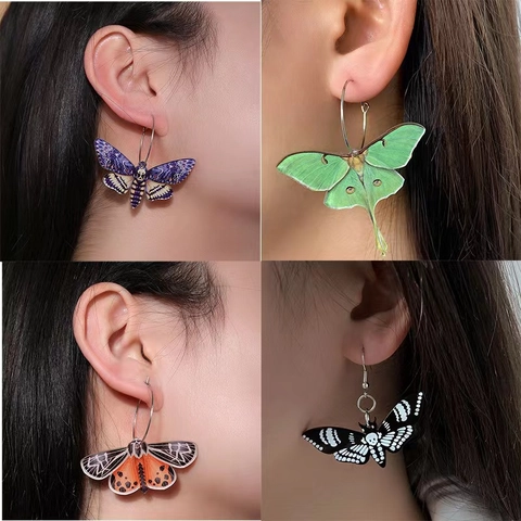 Butterfly Moth Drop Earrings Acrylic Wing And Alloy Hook Death Head Skull Pattern Luna Moth Colorful Aesthetic For Women