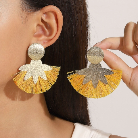 Bohemian Fan Shaped Tassel Drop Earrings For Women Oversized Alloy Floral Gold Plated Fashion Jewelry For Party Vacation